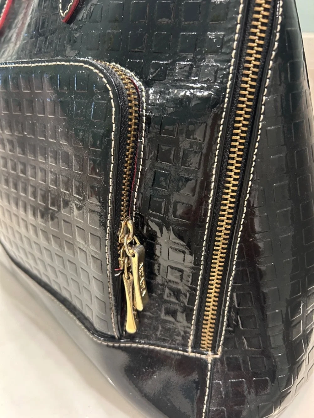 Quiet luxury Arcadia Italy black patent leather satchel work bag